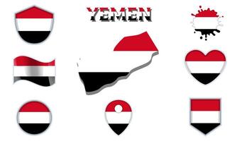 Collection of flat national flags of Yemen with map vector