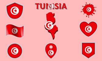 Collection of flat national flags of Tunisia with map vector