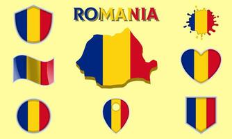 Collection of flat national flags of Romania with map vector