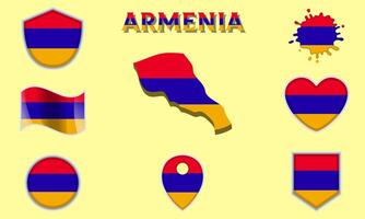 Collection of flat national flags of Armenia with map vector