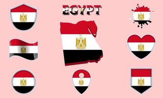 Collection of flat national flags of Egypt with map vector