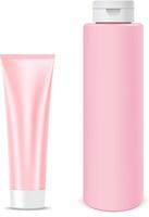 Set of realistic cosmetic products. Shampoo bottle and cream tube mockup templates in pink color with white lids. vector