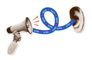 2024 election pop art collage. banner with halftone hand holding loudspeaker and ear calling to election voting. Mixed media retro design for Election 2024 campaign. Vote day concept vector