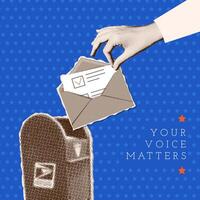 Vote by mail - trendy vintage halftone banner concept. Hand Distant voting by putting letter in postbox. Open envelope with a ballot paper is dropped into the mailbox. illustration vector