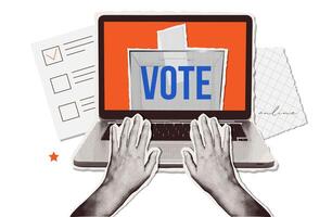 Trendy Halftone Collage banner for online election. Laptop with Hands in Torn Paper retro style. Online voting and election concept. illustration. vector