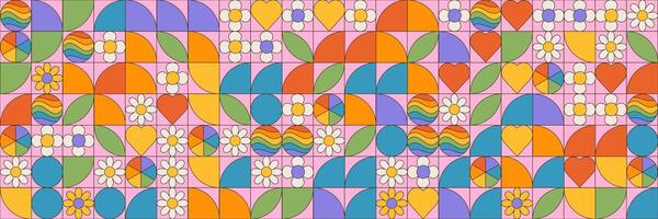 Pride Month groovy background. LGBT June parade. Seamless geometric pattern with simple geometric shapes and hippie flowers. Template for background, banner, card, poster. EPS10 illustration vector