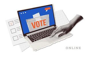 Halftone collage hand voting online with vote button on laptop display. Online voting and election concept. illustration vector