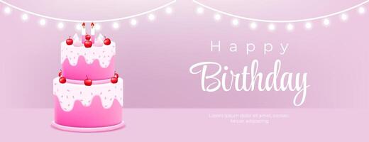 happy birthday card for girl with pink 3d cute cake on pink background. illustration vector