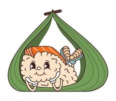 Cartoon retro character nigiri lying on his stomach with his hands propping his face up and smiling. Japanese sushi food in bamboo leaf. Stickers in retro groovy style. vector