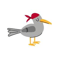 An illustration of a doodle seagull wearing a red bandana. Pirate bird. Isolated on white. vector