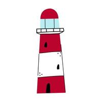 Cute illustration of a doodle red lighthouse. Navigation light tower. Isolated on white. vector