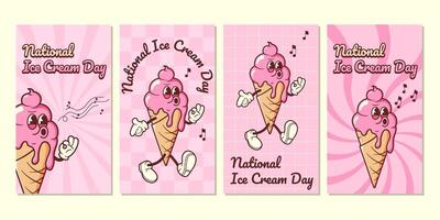 National Ice Cream Day in Retro Style Set stories. illustration with groovy mascot vector