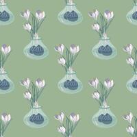 Trendy botanical background with crocuses bouquet in vase. Floral seamless pattern. Spring flowers arrangement. Retro style print. Hand drawn illustration. vector