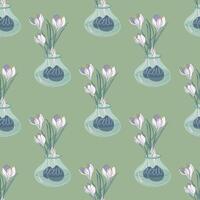 Trendy botanical background with crocuses bouquet in vase. Floral seamless pattern. Spring flowers arrangement. Retro style print. Hand drawn illustration. vector