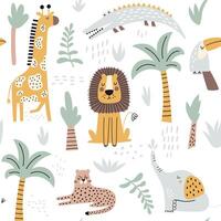 Seamless childish jungle pattern with cute lion, crocodile, giraffe, elephant, leopard, toucan. Perfect for fabric, textile, nursery posters. vector