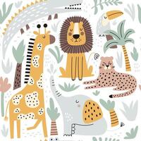 Seamless childish jungle pattern with cute lion, crocodile, giraffe, elephant, leopard, toucan. Perfect for fabric, textile, nursery posters. vector