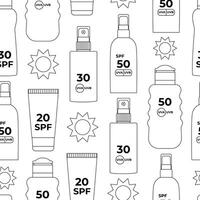 Linear SPF bottles and tubes seamless pattern. Sun screen and UV radiation protection. Skincare. Vacation. Outline logo, contour. Coloring page. Background, backdrop, digital paper. vector