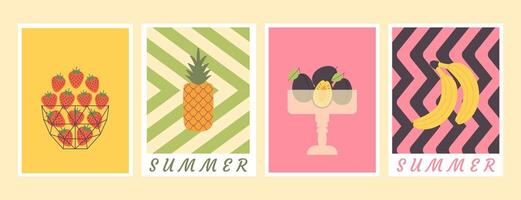 Summer layout set. Retro abstract juicy cards, posters, covers, flyers, banners. Modern fruits - pineapple, strawberry, banana, plum. Geometric vintage background design, backdrop. vector