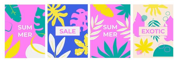 Abstract summer layout set. Bright tropical leaves and modern typography. Summer overlay promo set. Modern cards, posters, covers, flyers, banners. Juicy background template. vector