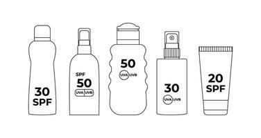 Linear SPF bottles and tubes. Sun screen and UV radiation protection. Skincare. Vacation. Outline logo, contour. Coloring page. vector