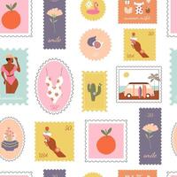 Summer stamps seamless pattern. Colorful stickers and elements. Tropic fruity aesthetic. Exotic background, digital paper, wrapping paper. vector