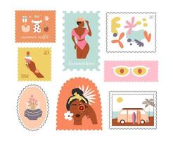 Set of summer stickers and stamps. Retro tropic aesthetic. Summer outfit, sunglasses, black woman, fruits, flowers, sunglasses. Exotic background, stamp, badge, label. vector