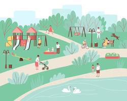 City park with a play complex and people having a rest vector