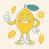 Groovy lemon cartoon character. Hand draw fruit in funny retro vintage trendy style. vector