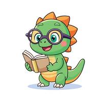 Little dragon with opened book isolated on white background. Color illustration in cartoon art style. Learning concept. Design for coloring book pages. vector