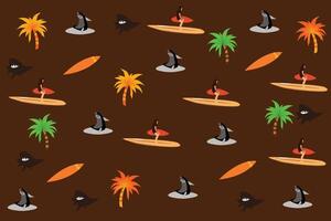 Summer seamless pattern with surfboards, palm trees and shells. Perfect for fabric, textile and wrapping paper. vector