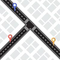 ilustración de un autopista tenedor con un ubicación punto icono en el medio de un asentamiento vector