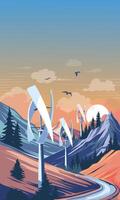 Futuristic wind turbines in the mountains, illustration vector