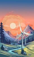 Wind turbines with mountains in the background, illustration vector