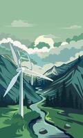 Wind turbines in a mountainous area with a river, illustration vector