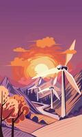 Mountain landscape with wind turbines, illustration vector