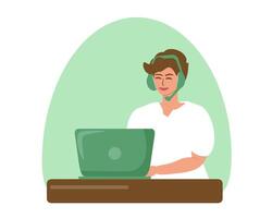 A call center operator takes a call. A woman wearing headphones with a microphone communicates via audio communication with a client while sitting at a laptop. vector