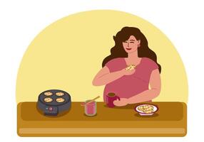 A pregnant young woman has breakfast, drinks tea and eats pancakes with jam. There is an electric pancake maker and a jar of jam on the table. Motherhood, pregnancy, healthy eating. vector