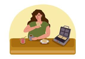 A pregnant young woman has breakfast, drinks tea and eats waffles with jam. There is an electric waffle iron on the table. Motherhood, pregnancy, healthy eating. vector