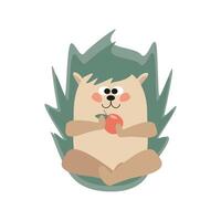 A cute funny hedgehog sits and holds an apple in his paws. vector