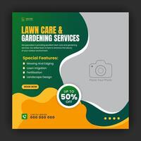 Modern lawn care garden or landscaping service for social media cover or post design template, organic food and agriculture web banner with abstract green gradient and yellow color shapes vector