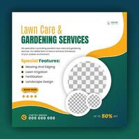 Modern lawn mower garden or landscaping service social media cover design, farming and agriculture promotion with abstract green and yellow web banner, post template flyer leaflet poster vector