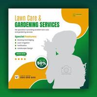 Modern lawn care garden or landscaping service for social media cover or post design template, organic food and agriculture web banner with abstract green gradient and yellow color shapes vector