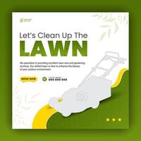 Modern lawn care garden or landscaping service for social media cover or post design template, organic food and agriculture web banner with abstract green gradient and yellow color shapes vector