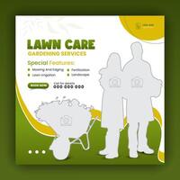 Modern lawn care garden or landscaping service for social media cover or post design template, organic food and agriculture web banner with abstract green gradient and yellow color shapes vector