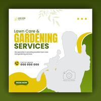 moderno césped cuidado jardín o paisajismo Servicio para social medios de comunicación cubrir o enviar diseño plantilla, orgánico comida y agricultura web bandera con resumen verde degradado y amarillo color formas vector