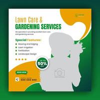 Modern lawn care garden or landscaping service for social media cover or post design template, organic food and agriculture web banner with abstract green gradient and yellow color shapes vector