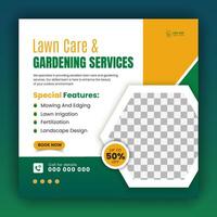 Agriculture and farming promotion with modern lawn mower garden or landscaping service social media cover design, abstract green and yellow square web banner, post template flyer vector