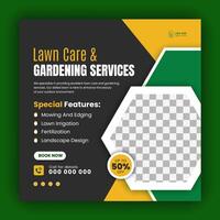 Agriculture and farming promotion with modern lawn mower garden or landscaping service social media cover design, abstract green and yellow square web banner, post template flyer vector