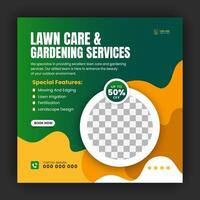 Modern lawn care garden or landscaping service for social media cover or post design template, organic food and agriculture web banner with abstract green gradient and yellow color shapes vector