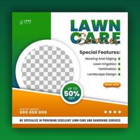 Modern lawn care garden or landscaping service for social media cover or post design template, organic food and agriculture web banner with abstract green gradient and yellow color shapes vector